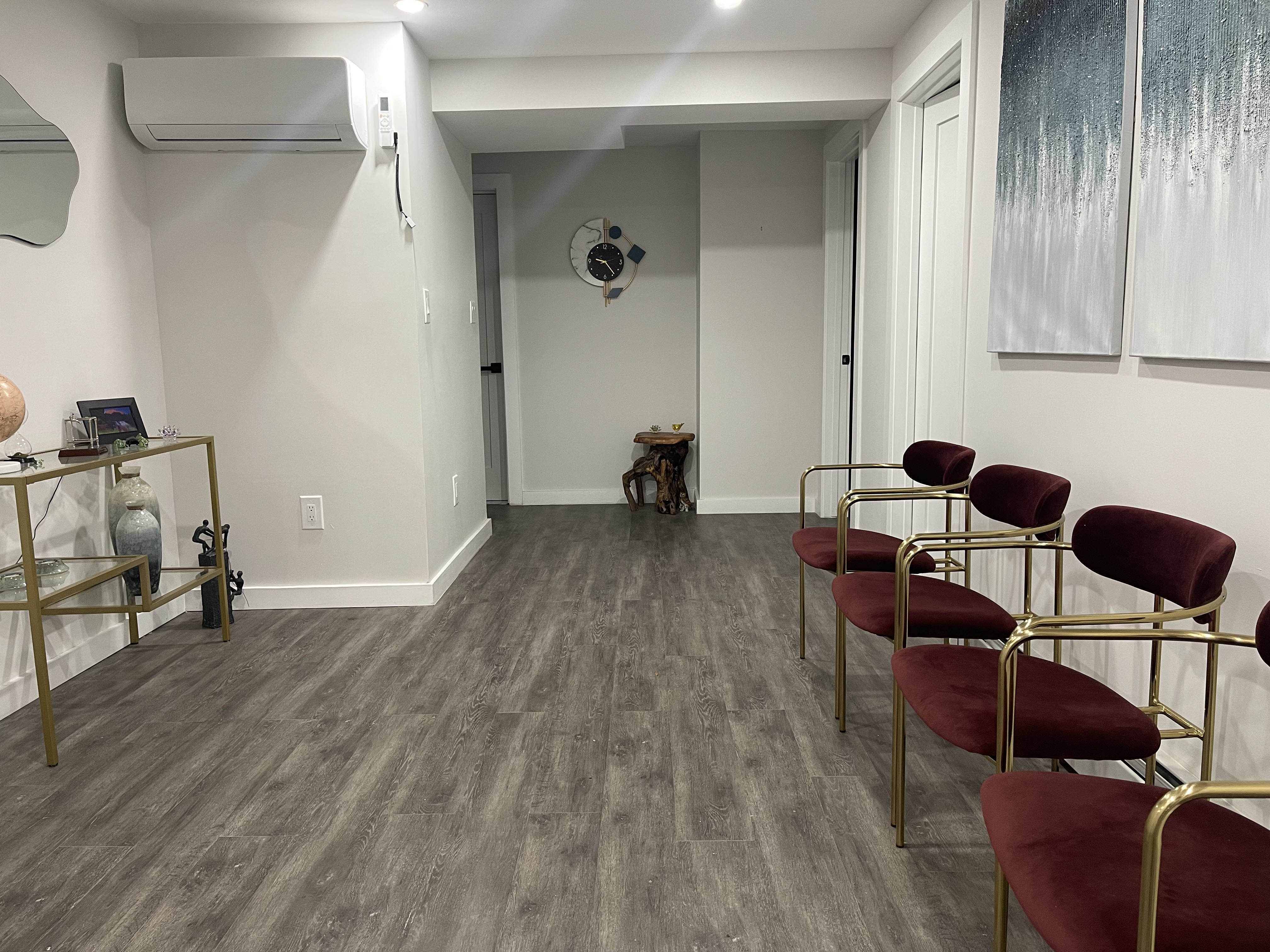 Well-designed office space with seating and desk area