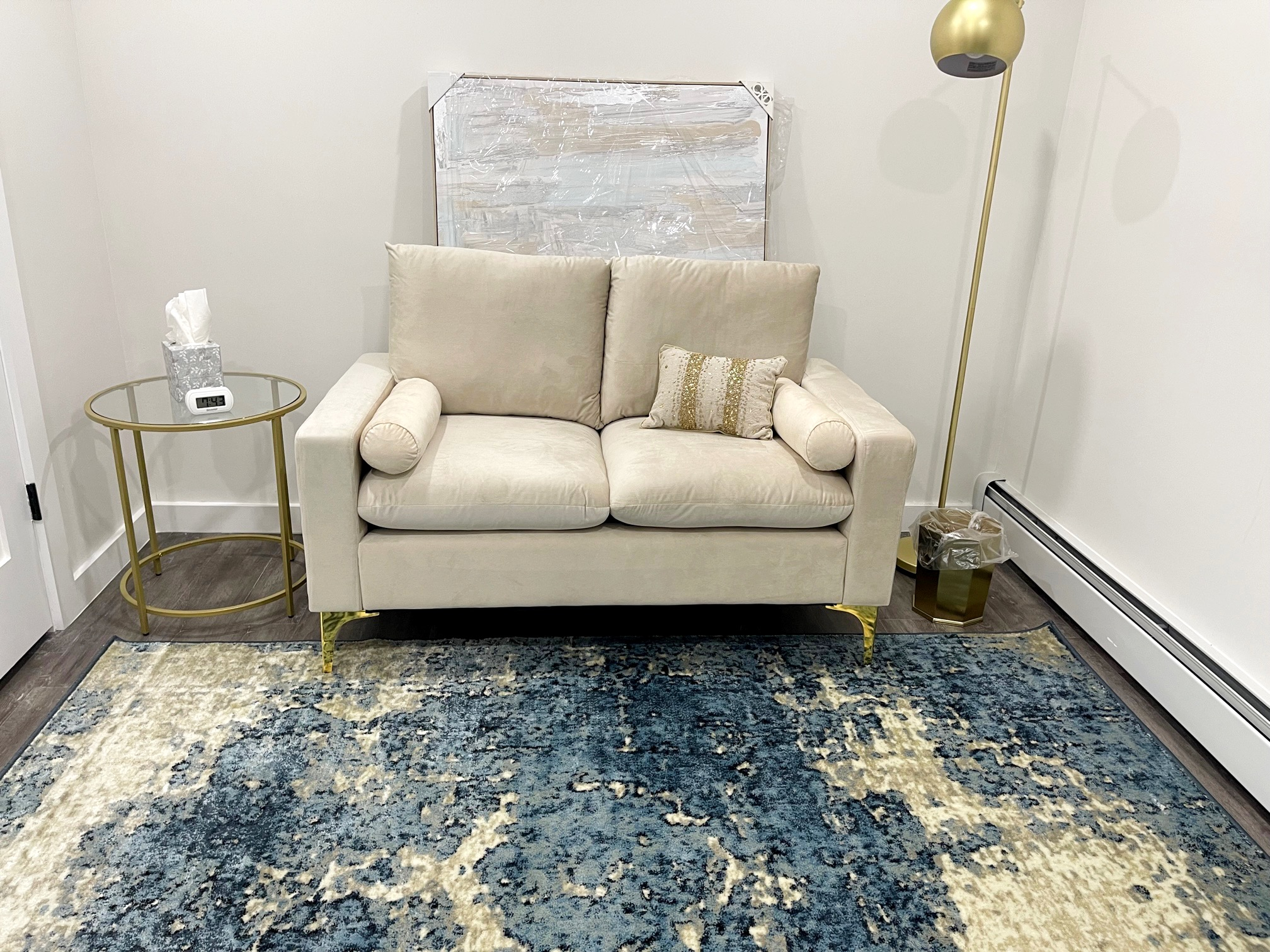 Office interior featuring a couch, chairs, and a rug