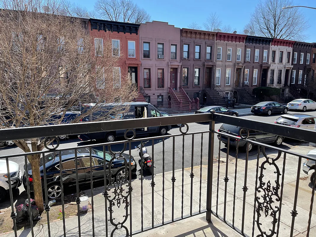 Urban office building with a motorcycle parked outside