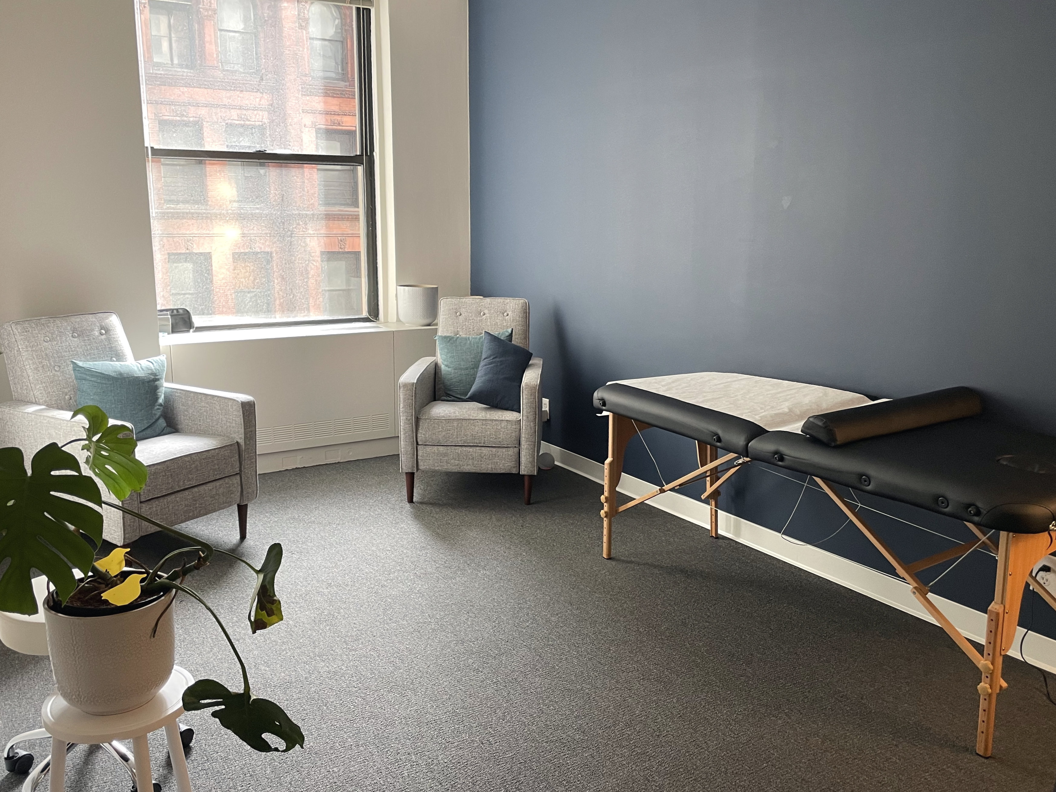 Office area featuring a plant, chair, and furniture layout