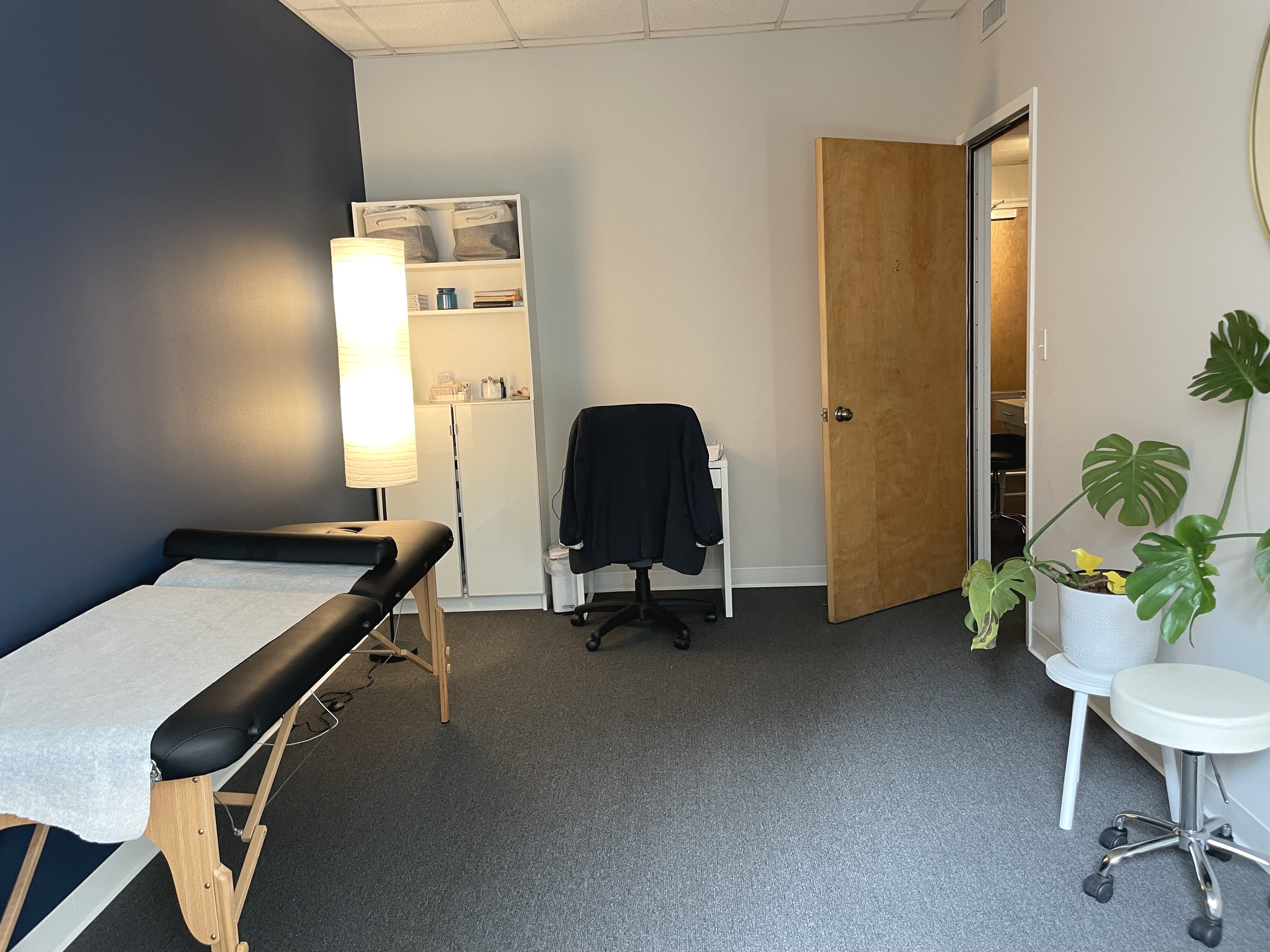 Bright office interior with chair, lamp, and plant