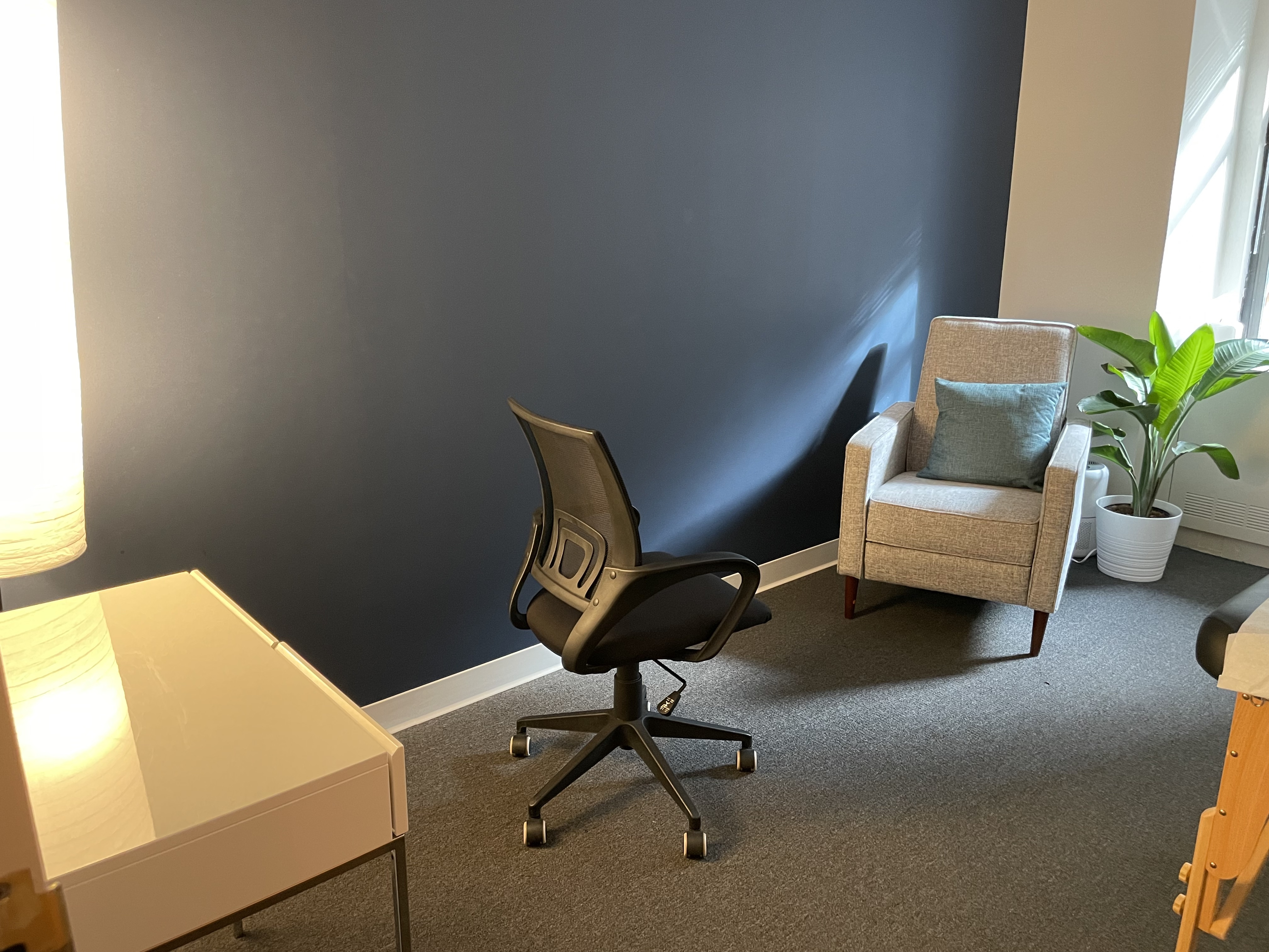 Well-furnished office featuring a chair, plant, and warm lighting