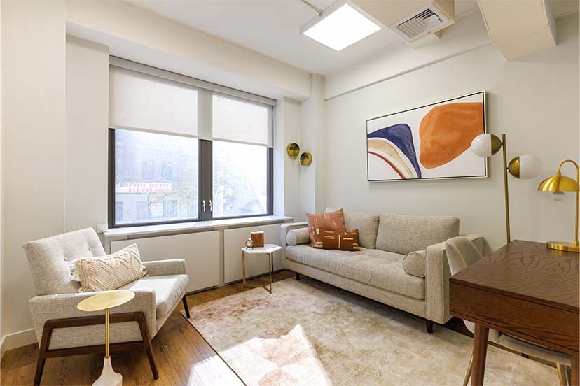 Living room-style office with couch, lamp, and rug