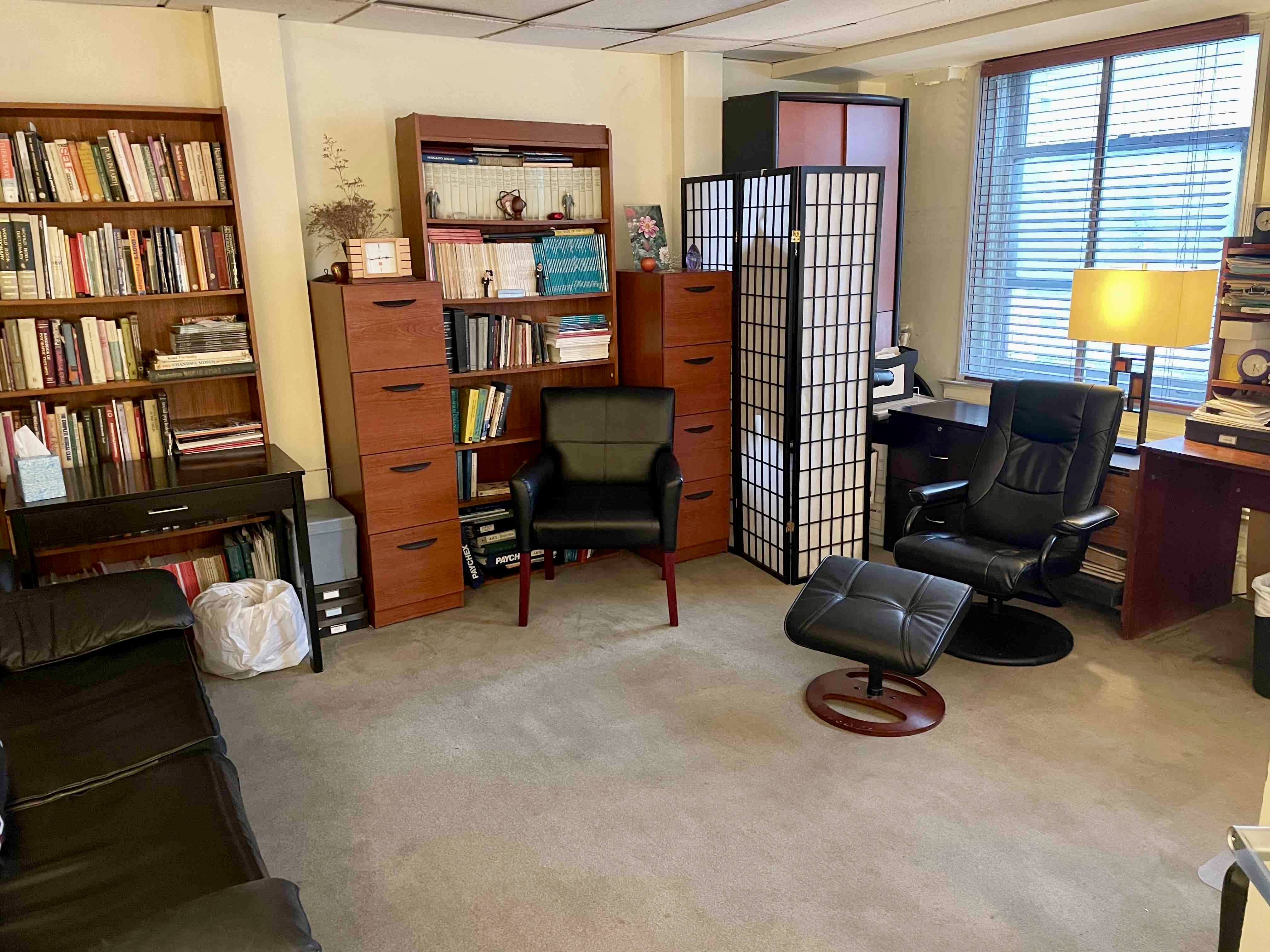 Office room with chairs, bookcase, and furniture arrangement