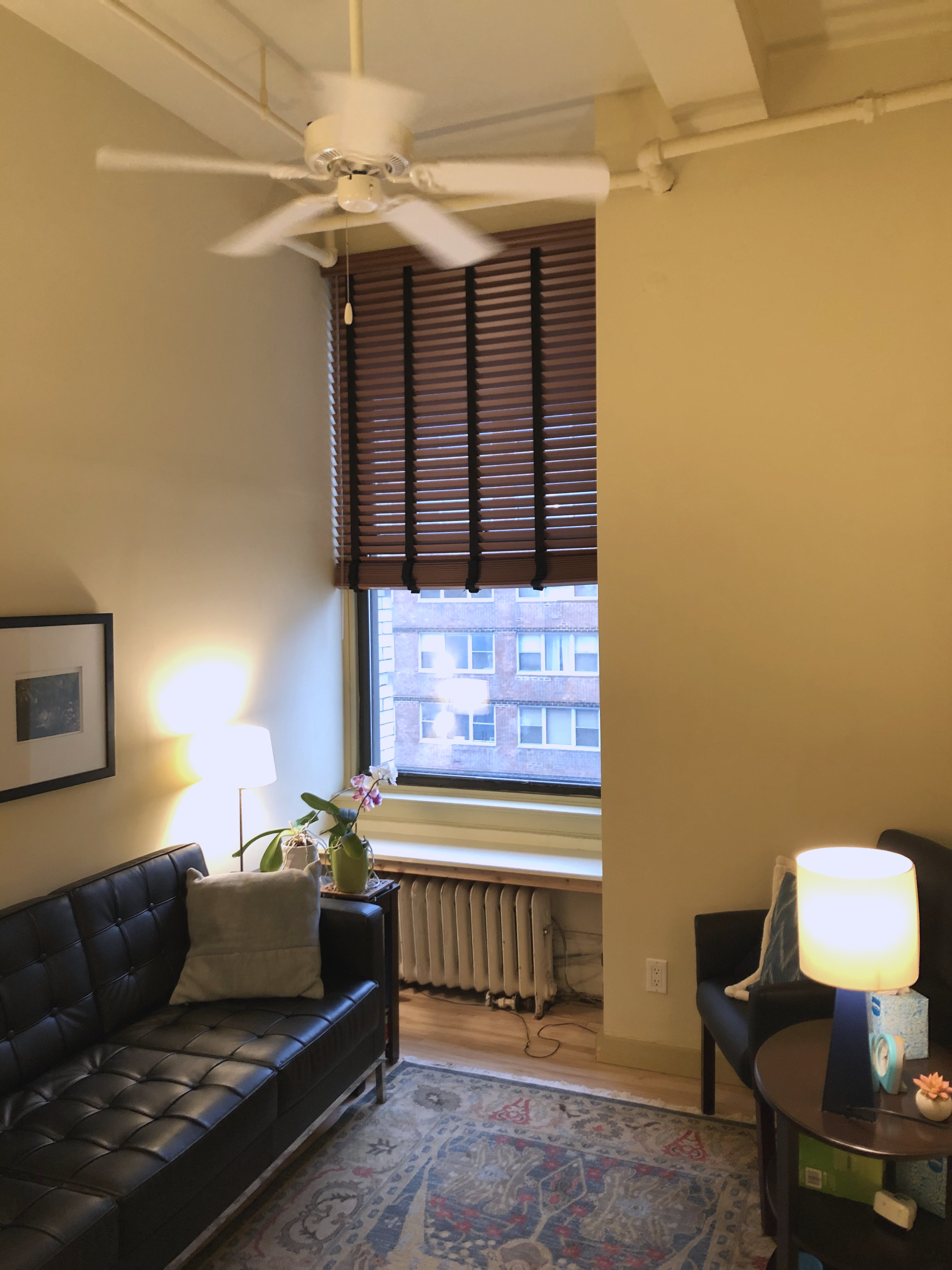 Inviting living room with couch and lamp in office