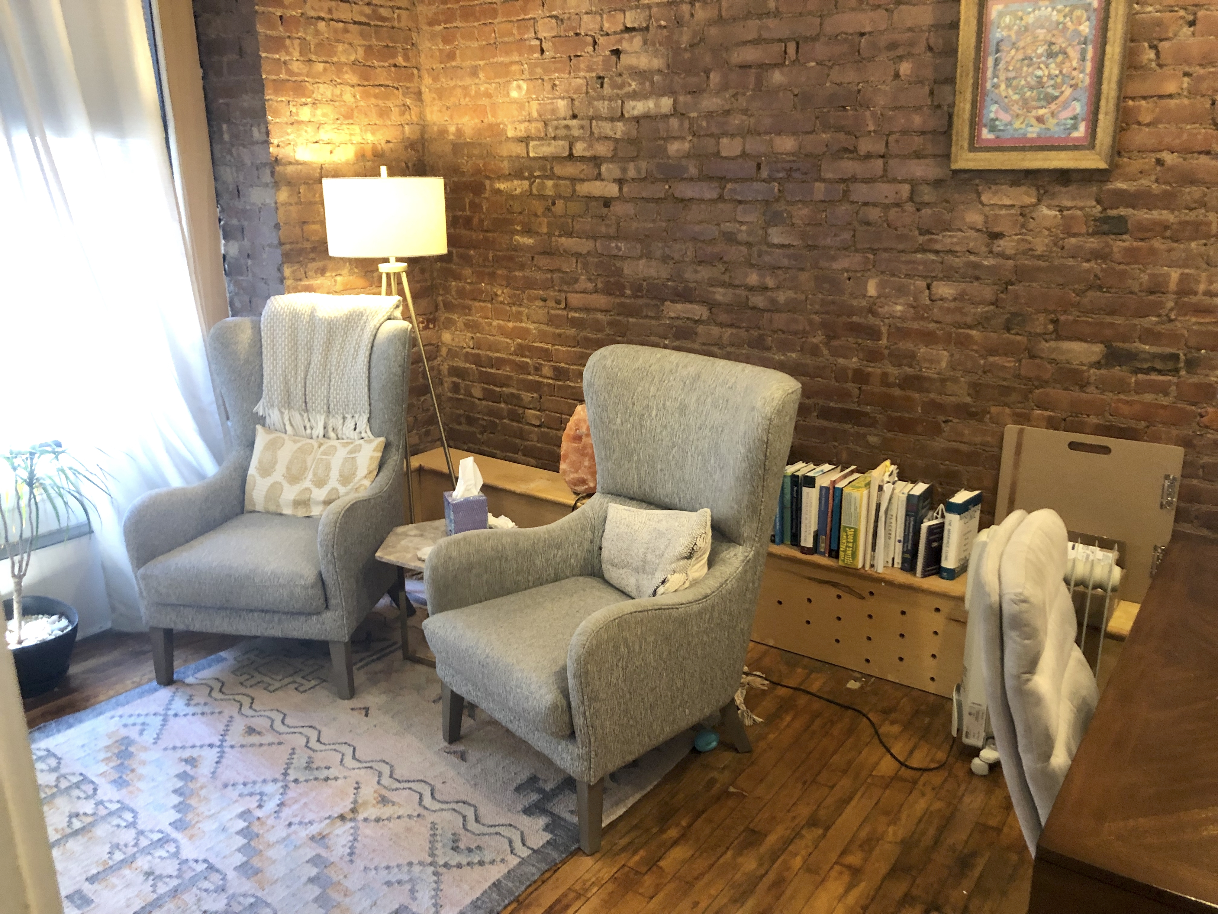 Spacious office with modern furnishings and large windows