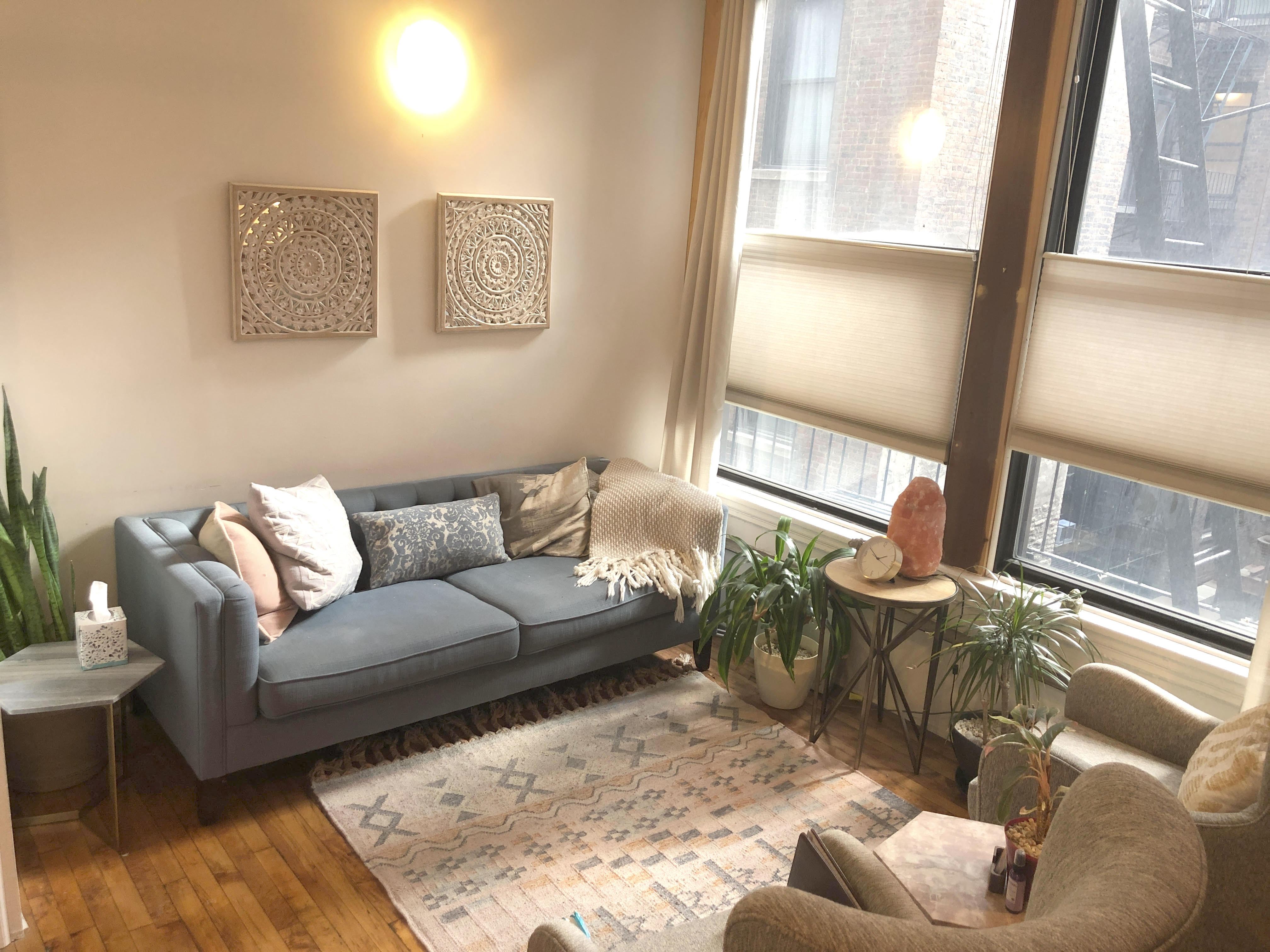 Cozy living room setup with couch and table