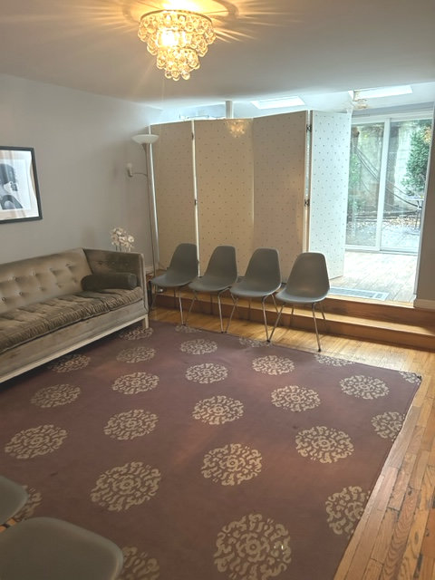 Welcoming waiting room with rug and chandelier