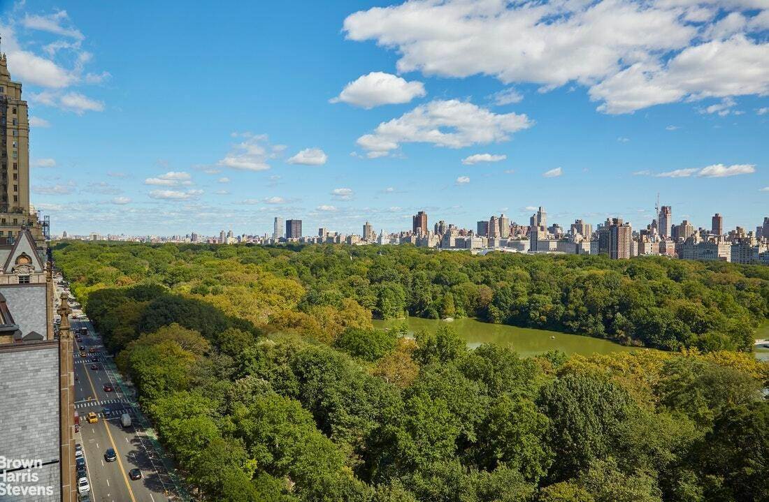 Urban office building with greenery and city view