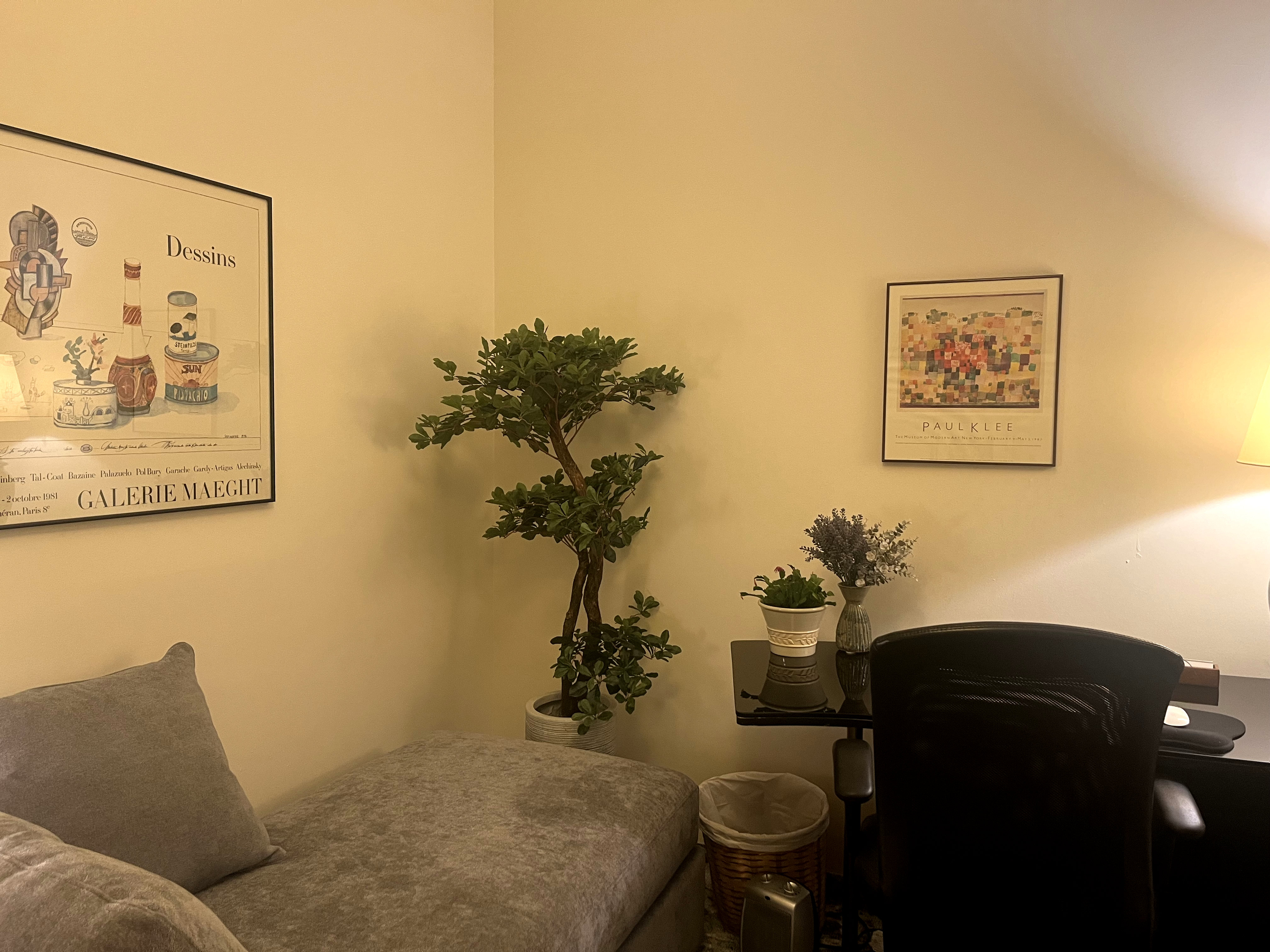 Living room area with a couch and potted plants