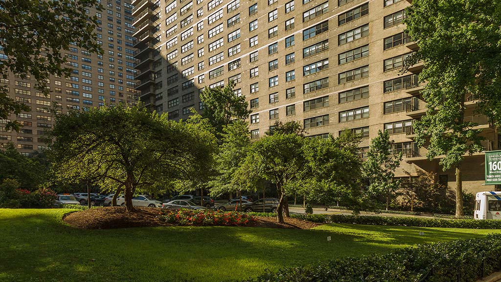 High-rise office building surrounded by urban park and grass